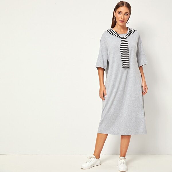 

Tie Neck Drop Shoulder Heather Grey Hooded Dress