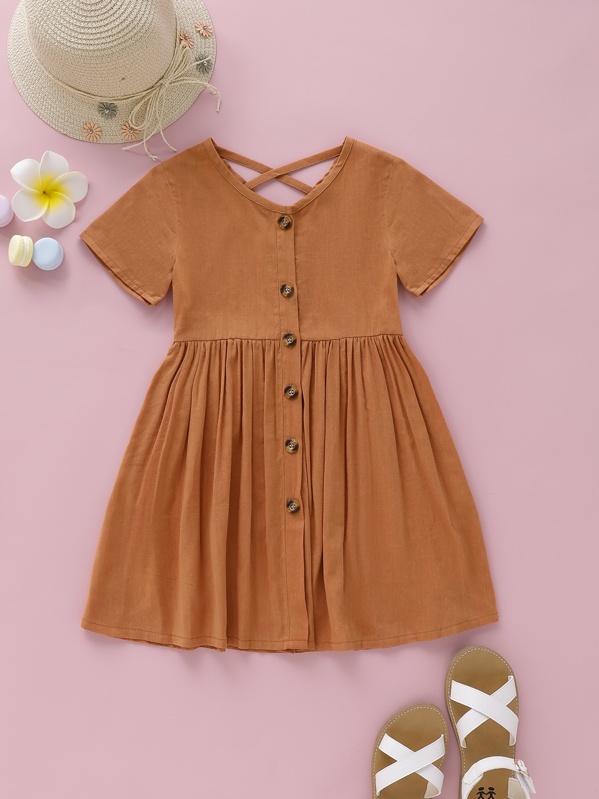 

Toddler Girls Button Through Criss Cross Dress, Orange