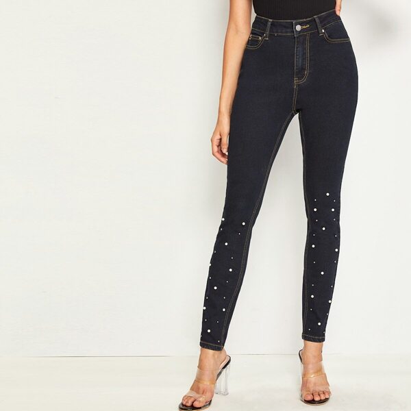 

Faux Pearl Detail Skinny Jeans, Black