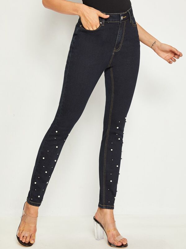 

Faux Pearl Detail Skinny Jeans, Black, Carol