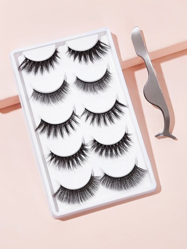 

3D Natural Thick Fake Eyelashes 5pairs With Tweezers, Black