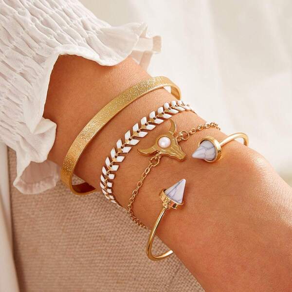 

Geometric & White Pine Decor Bracelet 4pcs, Gold