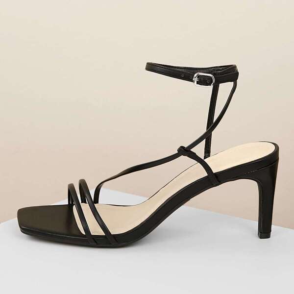 

Strappy Buckled Ankle Kitten Heel Sandals, Black