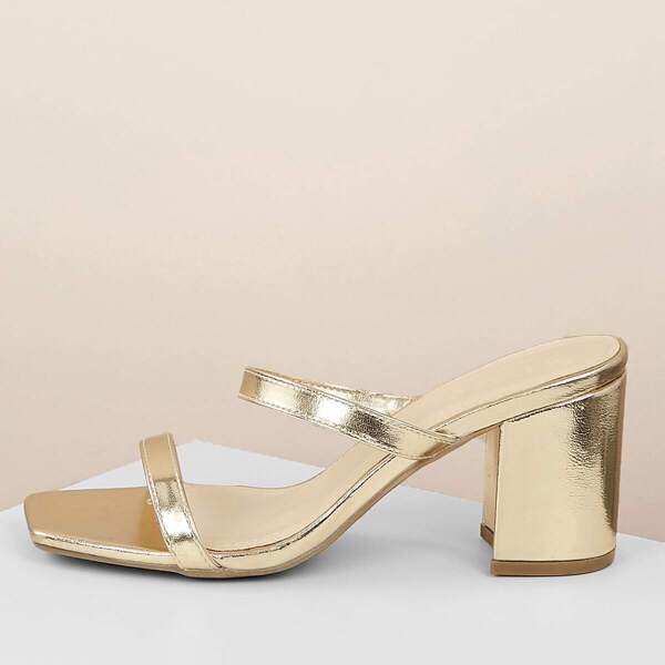 

Metallic Strappy Open Toe Low Heel Mules, Gold