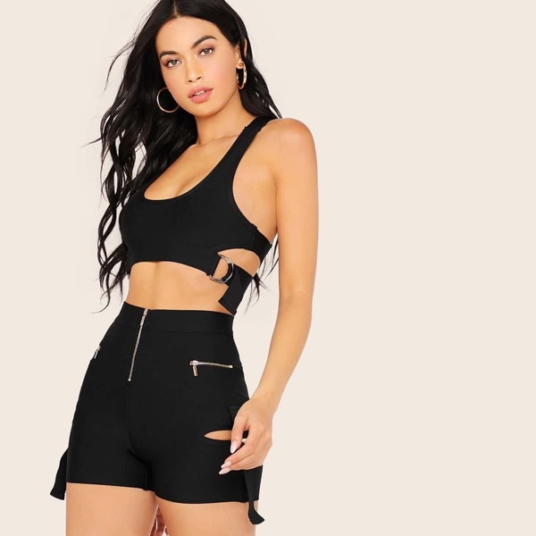 

Buckle Detail Sleeveless Top And Shorts Set, Black