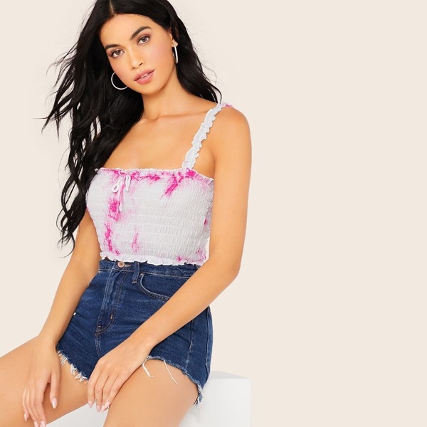

Tie Dye Smocked Crop Tank Top, White