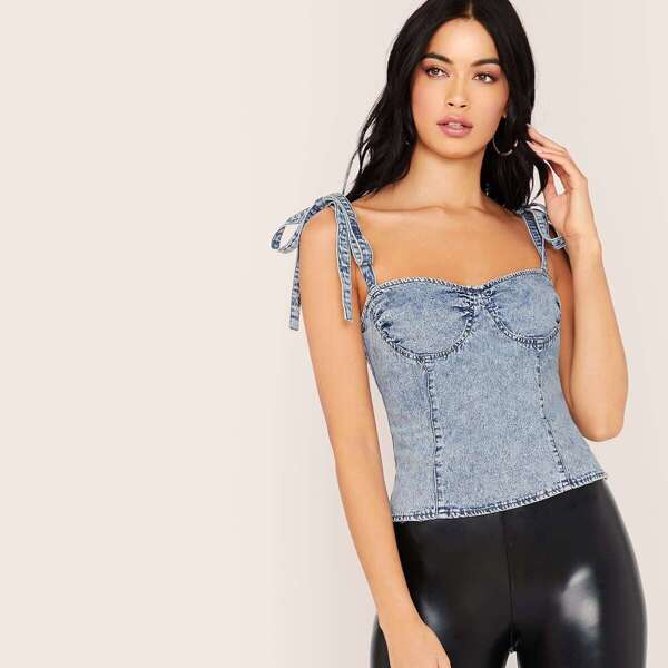 

Sleeveless Tie Straps Faded Denim Top, Blue