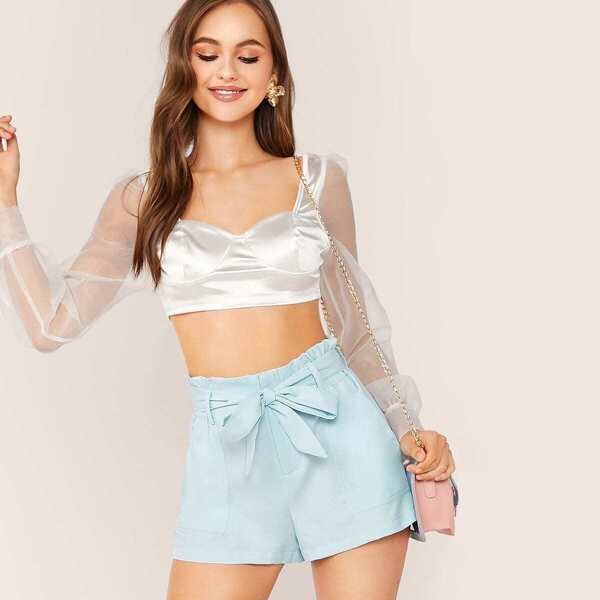 

Side Pockets Waist Tie Shorts, Blue