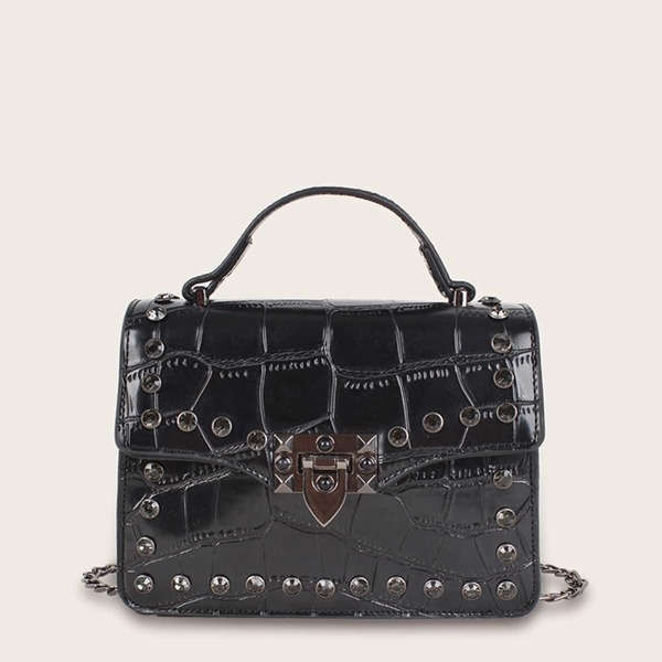 

Studded Decor Croc Embossed Satchel Bag, Black