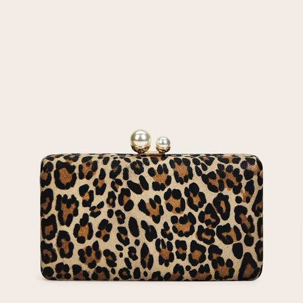 

Leopard Print Faux Pearl Decor Clutch Bag
