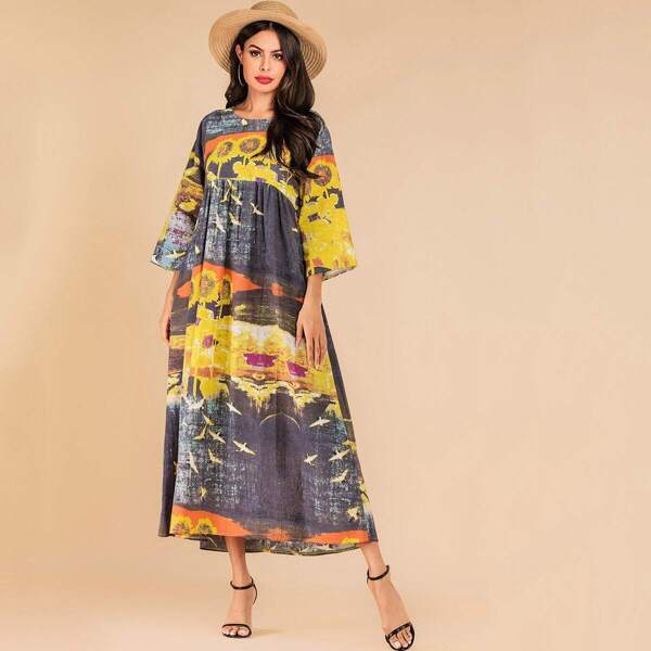 

Sunflower Print High Waist Dress