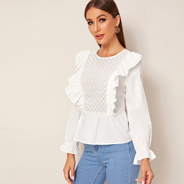 

Daisy Pattern Ruffle Trim Peplum Blouse