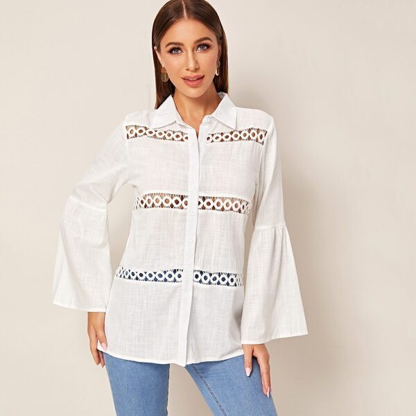 

Bell Sleeve Cut Out Solid Blouse, White