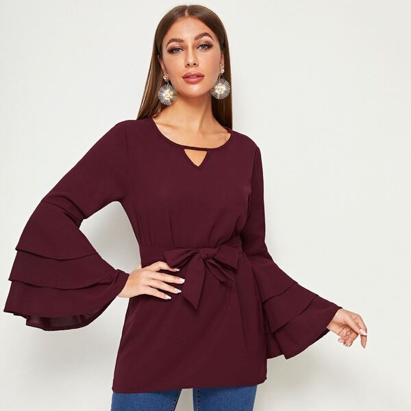 

Layered Sleeve Keyhole Neckline Belted Blouse