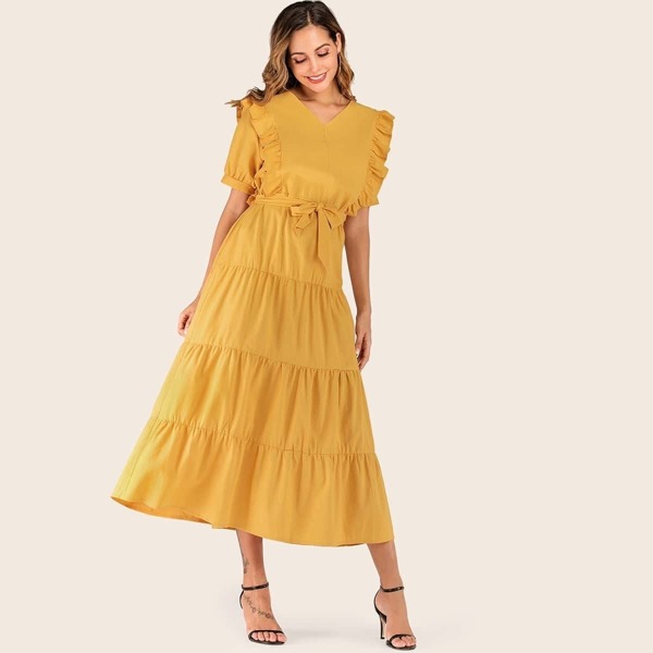 

V-neck Frill Trim Belted Solid Dress, Yellow
