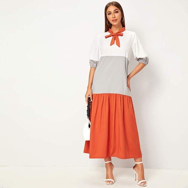 

Tie Neck Cut And Sew Maxi Dress, Multicolor