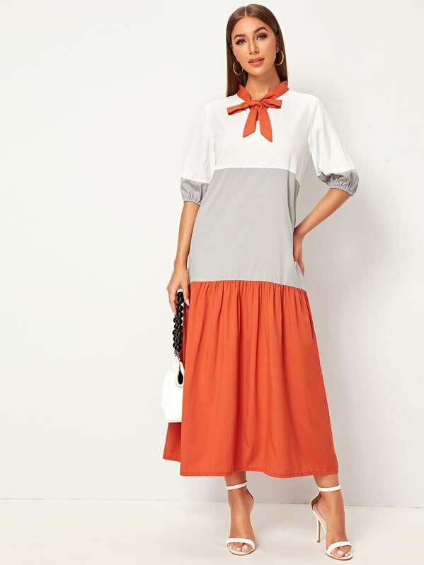 

Tie Neck Cut And Sew Maxi Dress, Multicolor, Hanna
