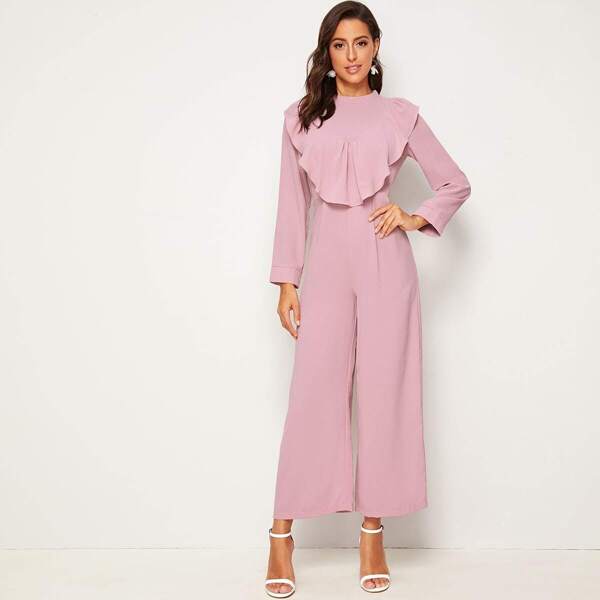 

Mock Neck Ruffle Trim Wide Leg Jumpsuit, Pink