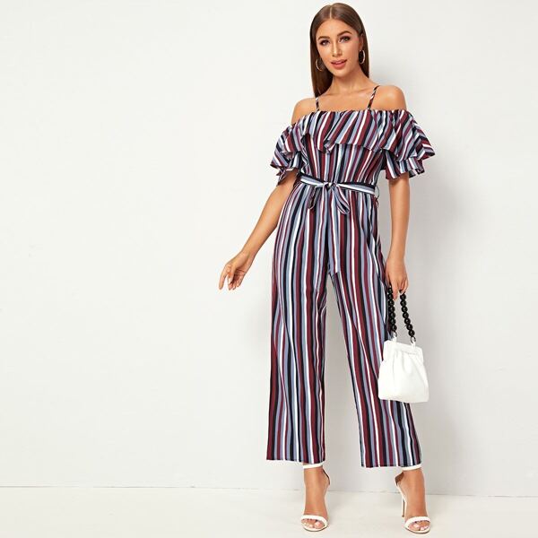 

Muti-stripe Ruffle Trim Belted Cami Jumpsuit