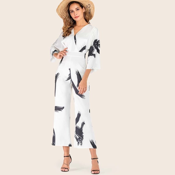 

Brush Print Surplice Flare Leg Jumpsuit