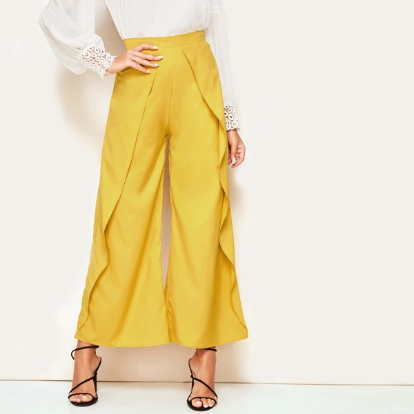 

Zip Back Ruffle Trim Wide Leg Pants, Yellow