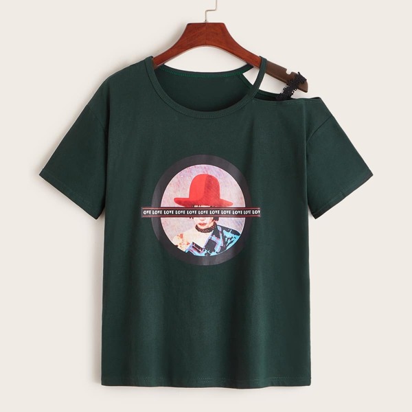

Asymmetric Neck Letter & Figure Print Tee, Green