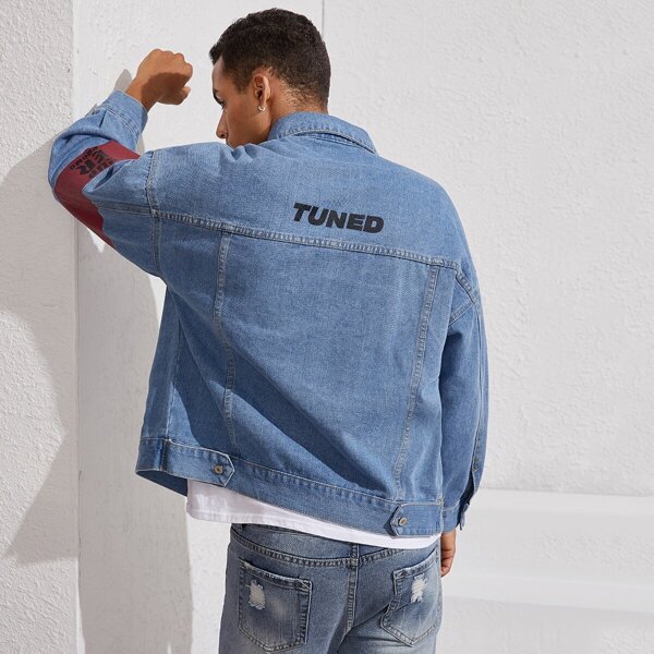 

Men Letter Print Drop Shoulder Denim Jacket