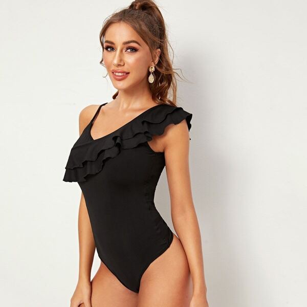 

Layer Ruffle Trim Asymmetrical Neck Solid Bodysuit