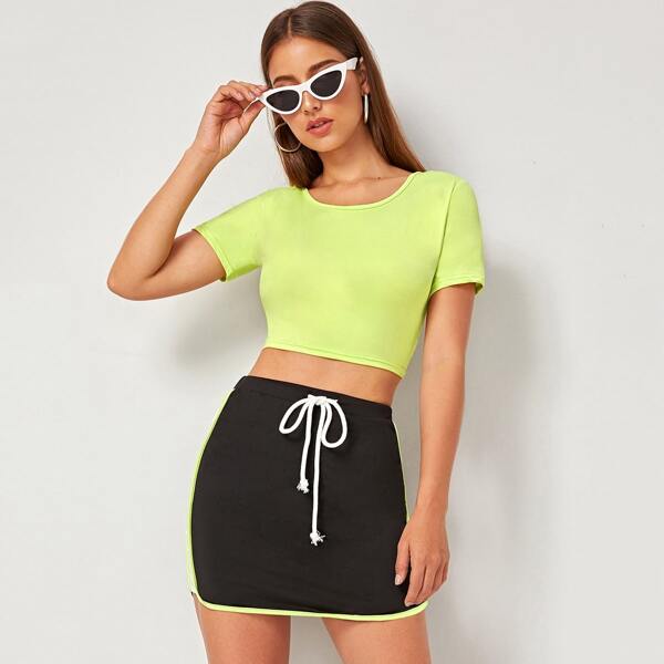 

Neon Lime Top With Drawstring Waist Contrast Binding Skirt