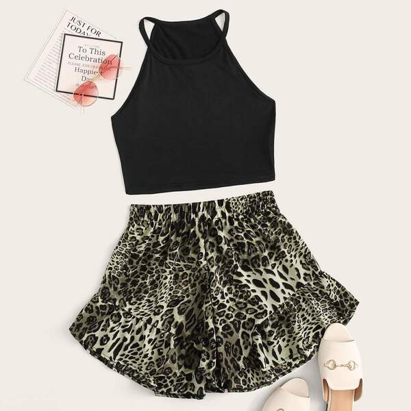 

Solid Halter Top With Leopard Print Ruffle Hem Shorts, Multicolor
