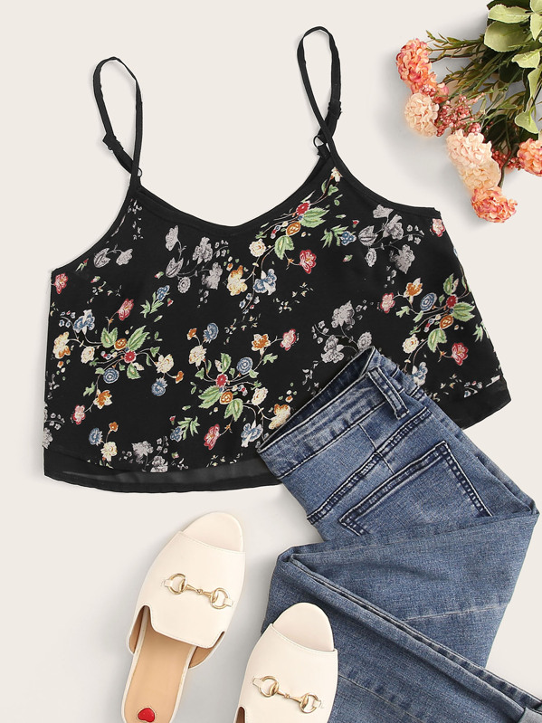 

Floral Print Split Back Cami Top, Black, Vikie