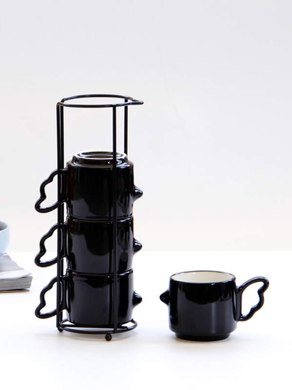 

4pcs Bird Detail Coffee Cup & Iron Storage Rack, Black