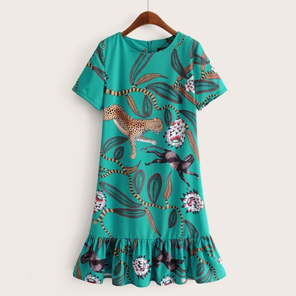 

Animal And Tropical Print Zip Back Ruffle Hem Dress, Green