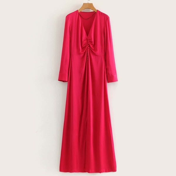 

Solid Ruched Button Front Zip Side Dress