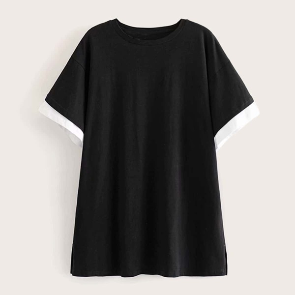 

Contrast Binding Sleeve Side Slit Tee Dress