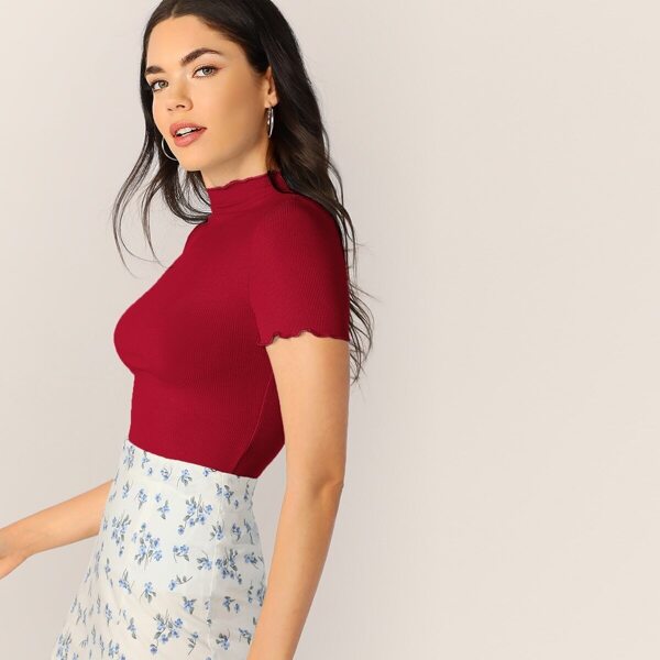 

Mock-Neck Rib-knit Lettuce Trim Top, Burgundy