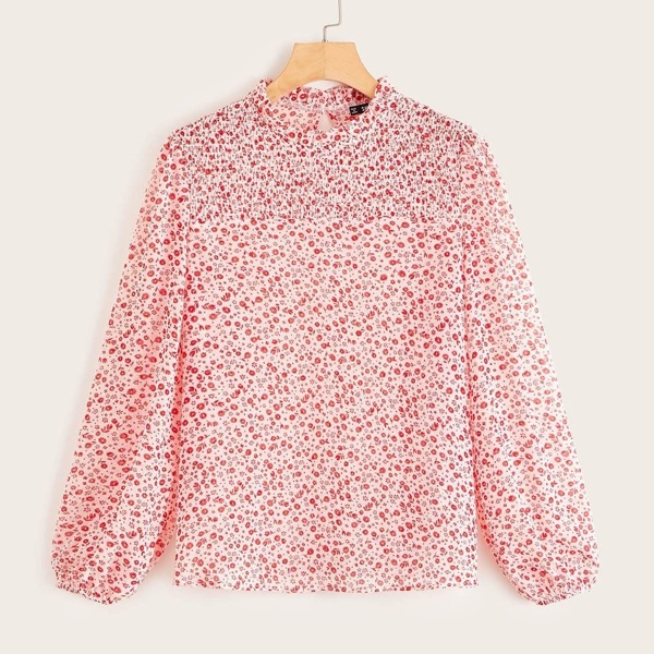 

Ditsy Floral Frill Trim Keyhole Back Shirred Top