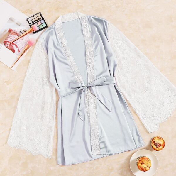 

Floral Lace Satin Belted Robe, Purple