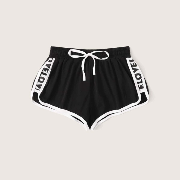 

Letter Print Drawstring Dolphin Shorts, Black