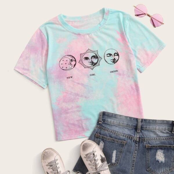 

Tie Dye Graphic & Letter Print Tee