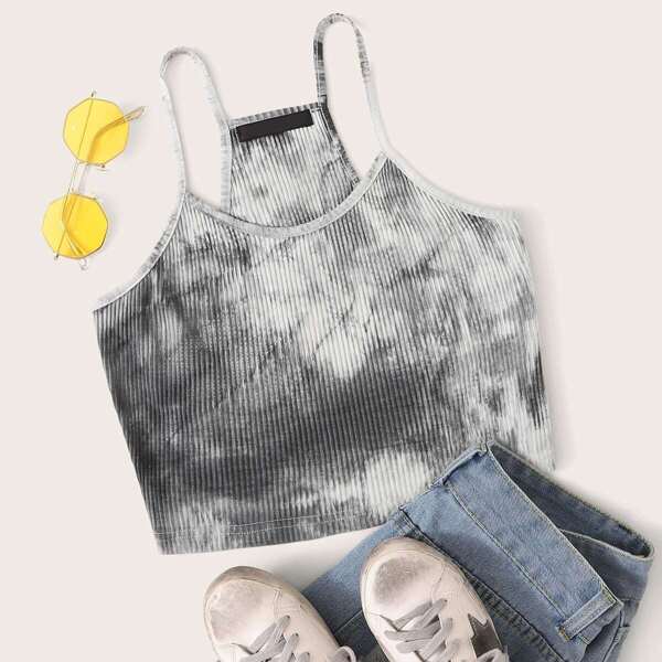 

Tie Dye Rib-knit Crop Cami Top, Multicolor