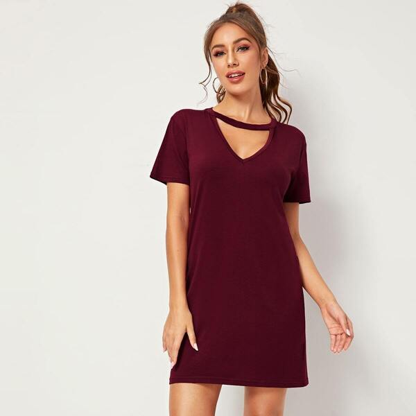 

Solid Choker Neck Tee Dress, Burgundy
