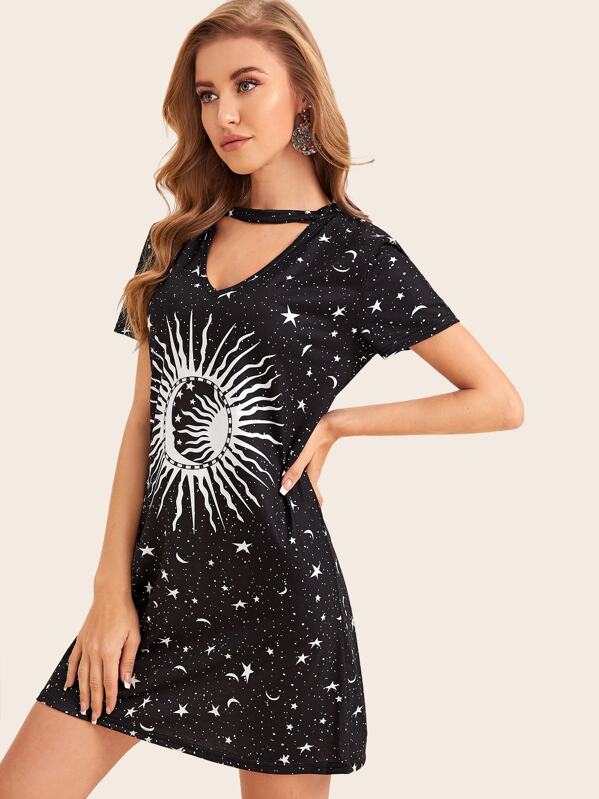 

Sun Moon Star Print Choker Neck Tee Dress, Black, Na na