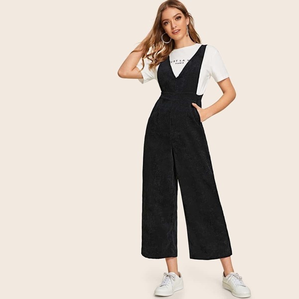 

Solid Wide Leg Corduroy Jumpsuit