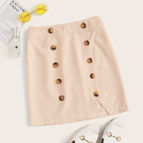 

Solid Double-breasted Zip Back Skirt