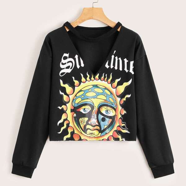 

Cartoon Sun & Letter Graphic Choker Neck Sweatshirt, Black