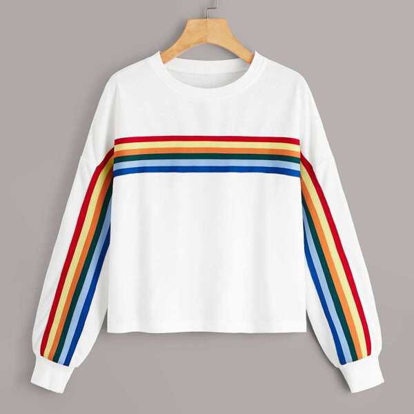 

Rainbow Striped Drop Shoulder Sweatshirt, White