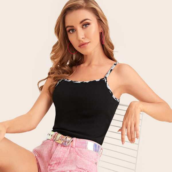 

Contrast Binding Ribbed Cami Top, Black