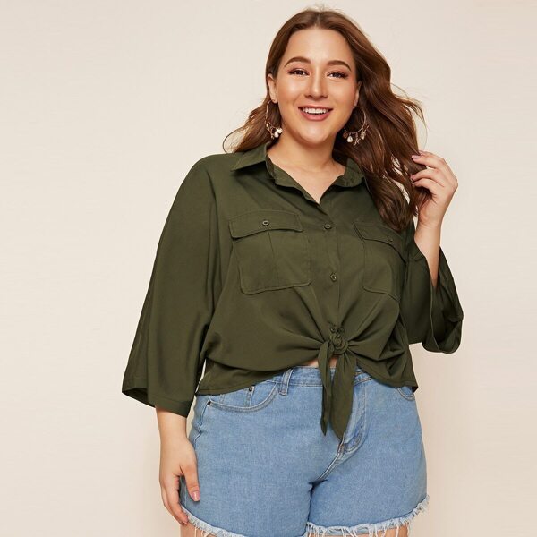 

Plus Button Tie Front Pocket Unity Blouse