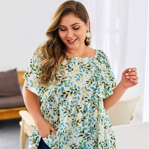 

Plus Floral Print Square Neck Blouse, Multicolor